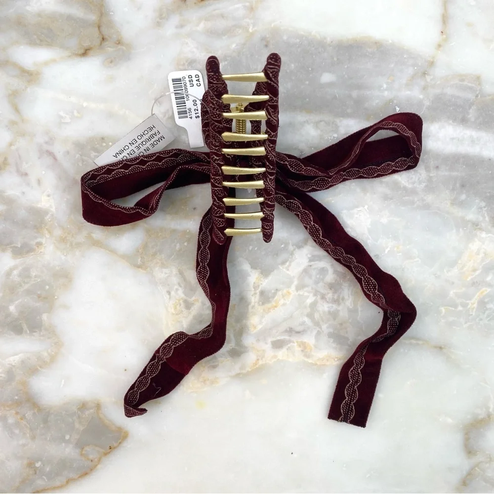 Anthropologie Set of 3 Ribbon Gold Claw Hair Clips Olive + Gray + Burgundy NWT